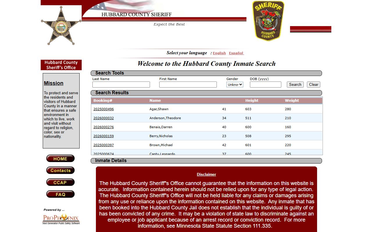 Hubbard County inmate population ProPhoenix roster search screen